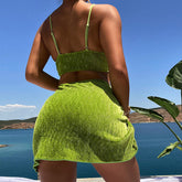 Notch Ring Velvet Shirred Brazilian Three Piece Bikini Swimsuit